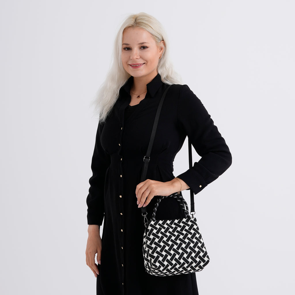 Geometric Woven Pattern Handbag with Shoulder Strap (130cm) - Black_8415363_2