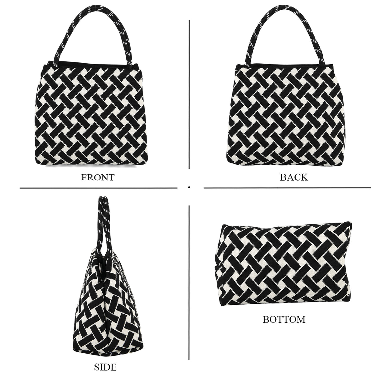 Geometric Woven Pattern Handbag with Shoulder Strap (130cm) - Black 8415363 4