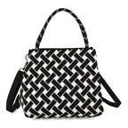 Geometric Woven Pattern Handbag with Shoulder Strap (130cm) - Black_8415363_5