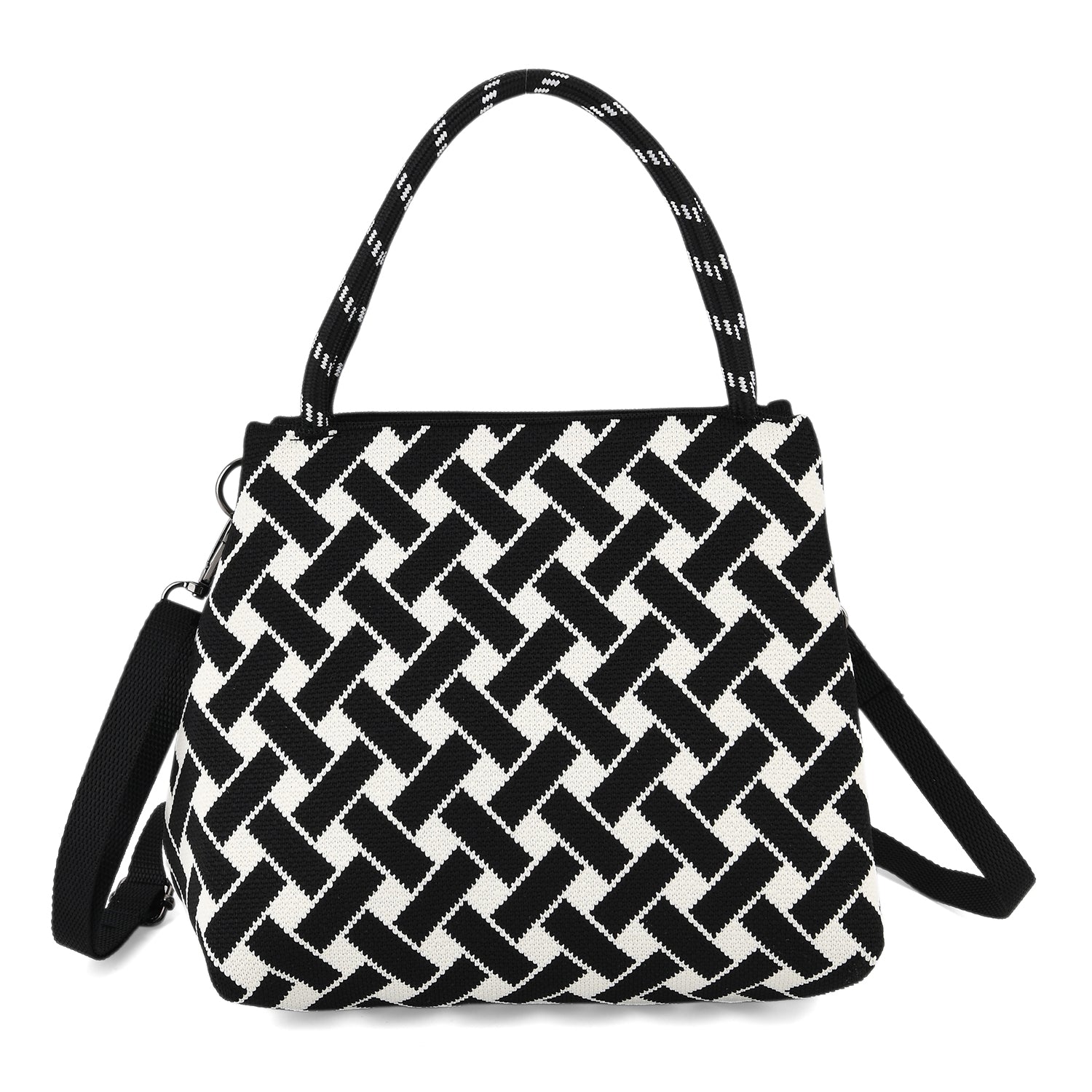 Geometric Woven Pattern Handbag with Shoulder Strap (130cm) - Black 8415363 5