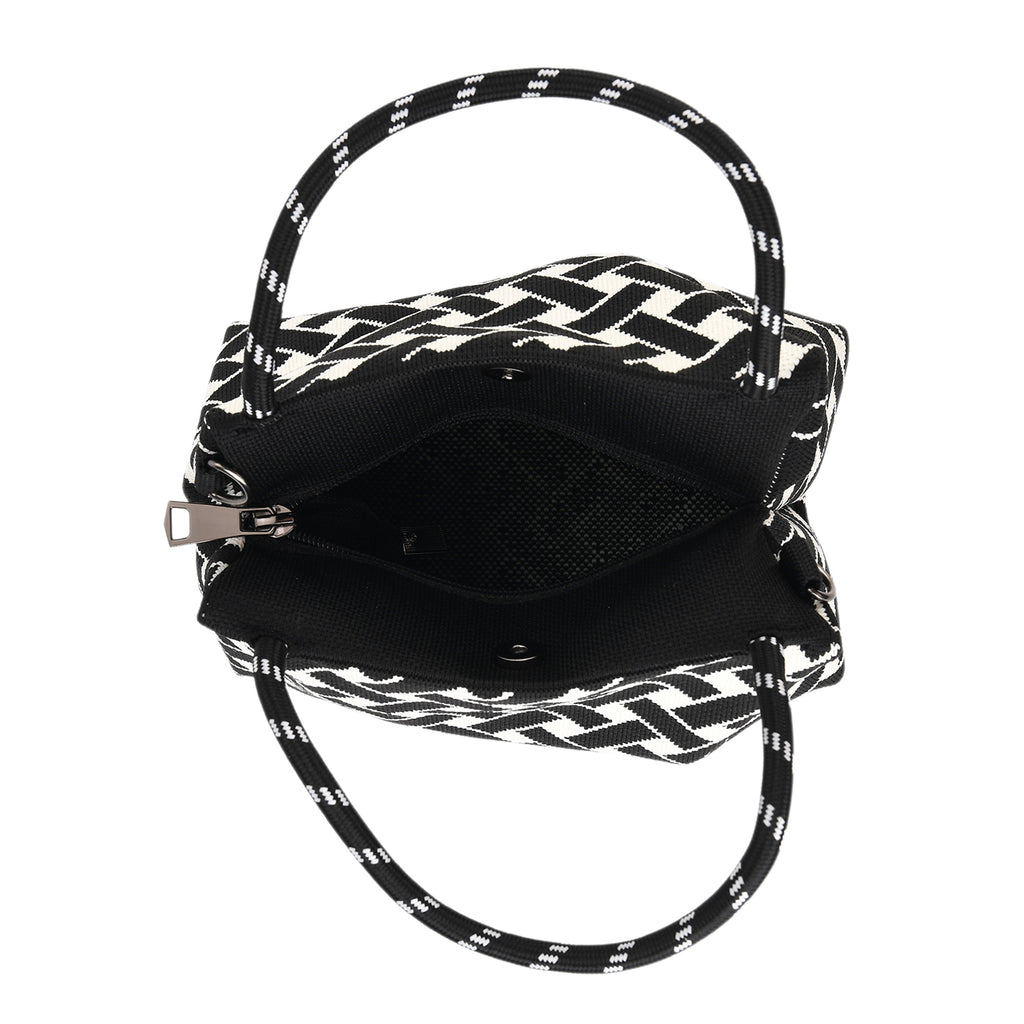 Geometric Woven Pattern Handbag with Shoulder Strap (130cm) - Black_8415363_6