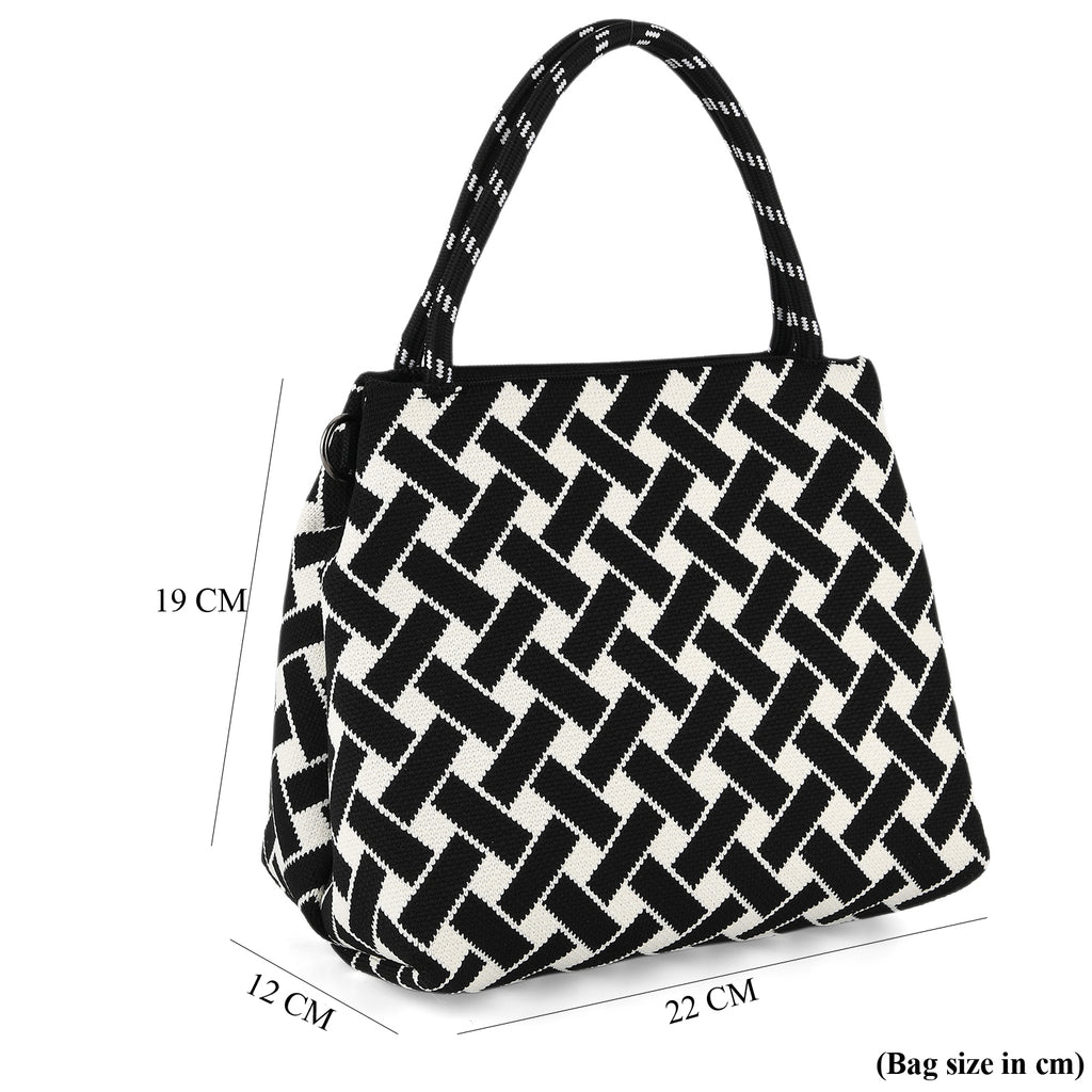 Geometric Woven Pattern Handbag with Shoulder Strap (130cm) - Black_8415363_8