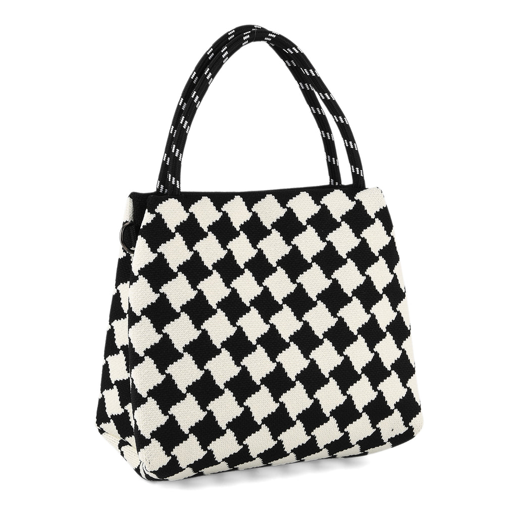Checkerboard Pattern Handbag with Shoulder Strap (130cm) - Black & White_8415364