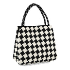 Checkerboard Pattern Handbag with Shoulder Strap (130cm) - Black & White_8415364