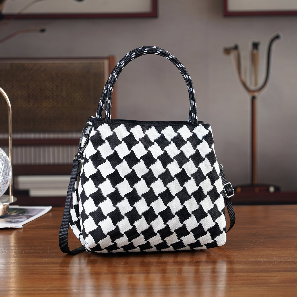 Checkerboard Pattern Handbag with Shoulder Strap (130cm) - Black & White_8415364_1