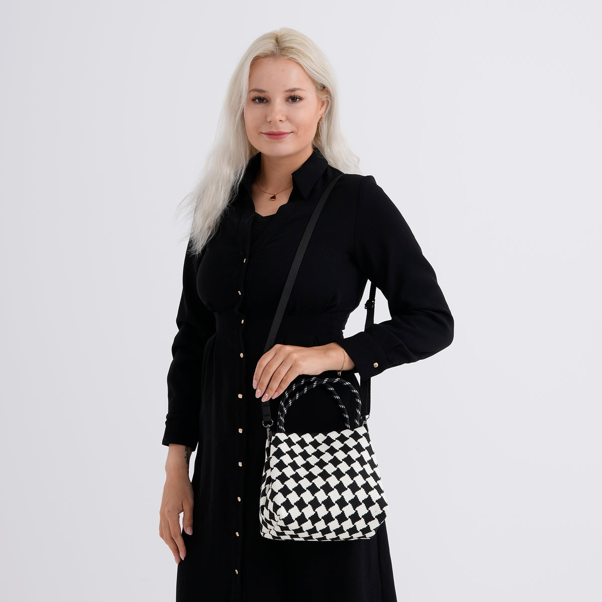 Checkerboard Pattern Handbag with Shoulder Strap (130cm) - Black &amp; White 8415364 2