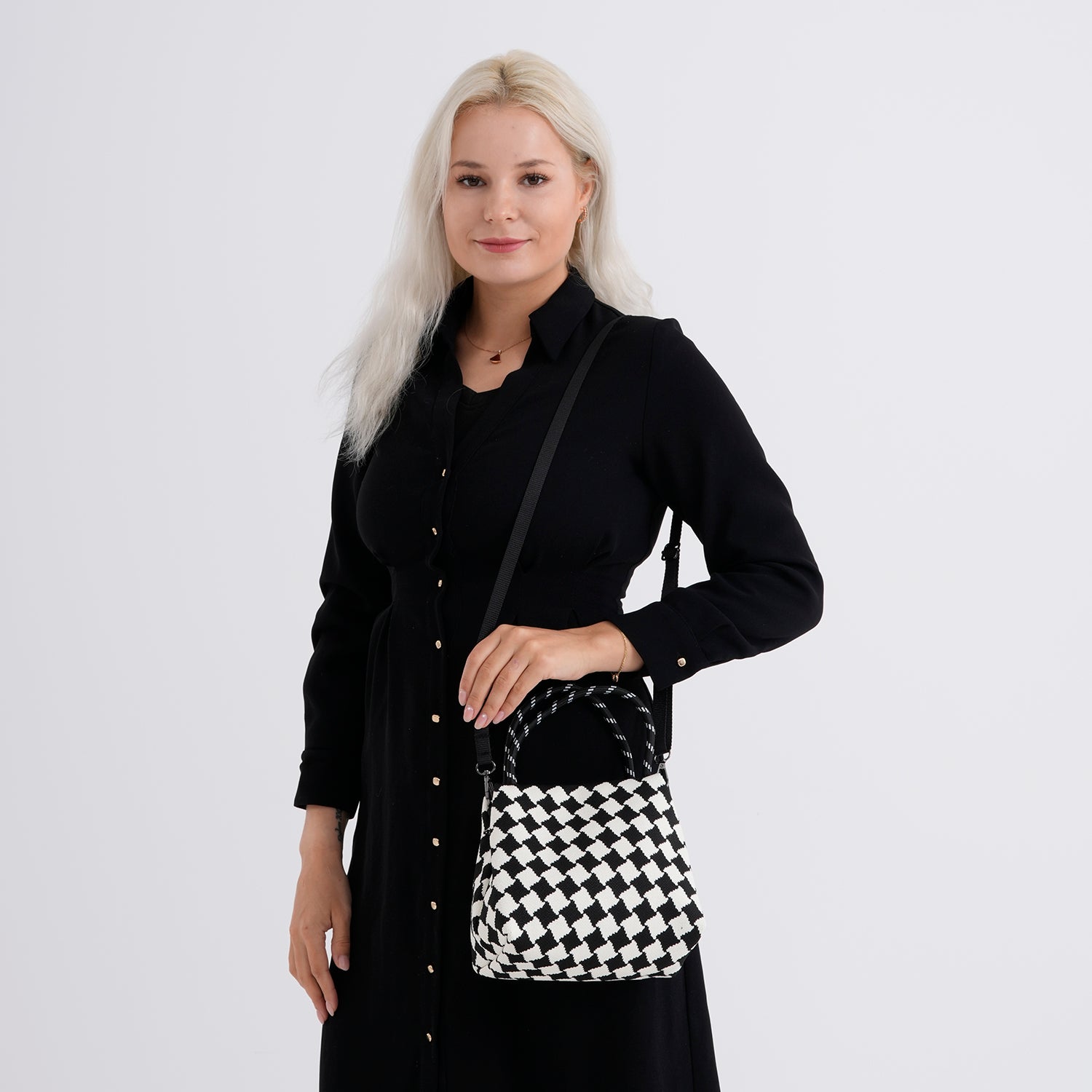 Checkerboard Pattern Handbag with Shoulder Strap (130cm) - Black &amp; White 8415364 2