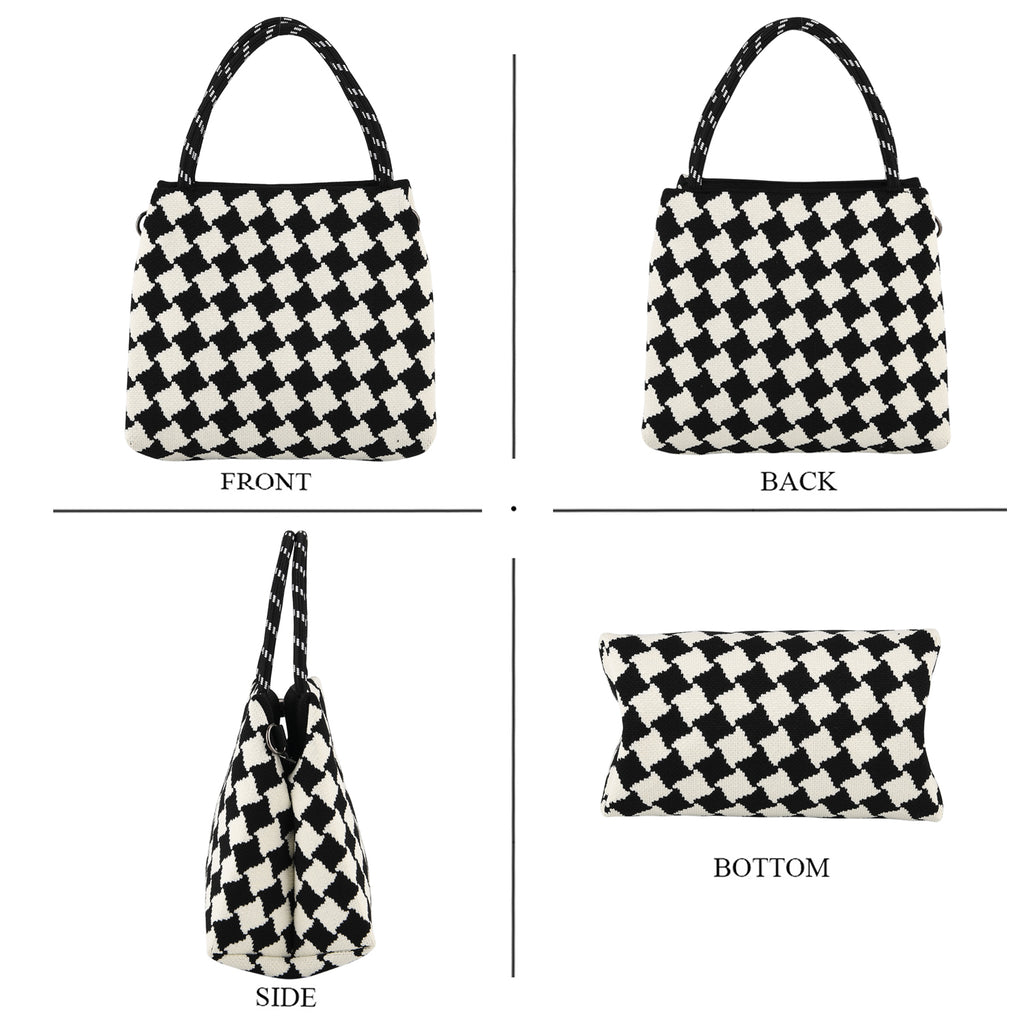 Checkerboard Pattern Handbag with Shoulder Strap (130cm) - Black & White_8415364_4