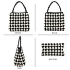 Checkerboard Pattern Handbag with Shoulder Strap (130cm) - Black & White_8415364_4