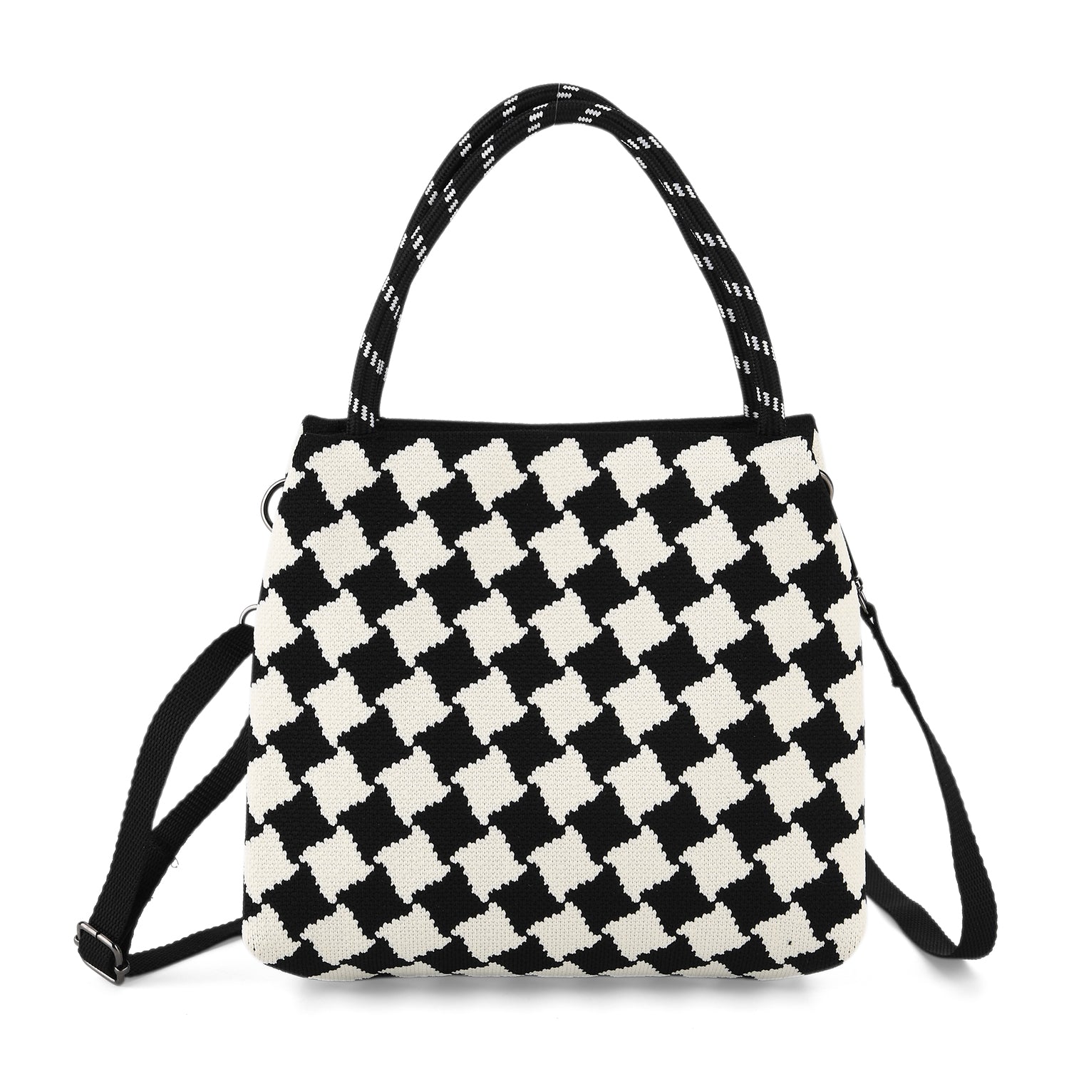 Checkerboard Pattern Handbag with Shoulder Strap (130cm) - Black &amp; White 8415364 5