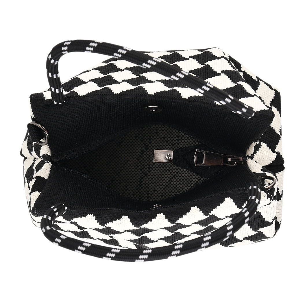 Checkerboard Pattern Handbag with Shoulder Strap (130cm) - Black & White_8415364_6