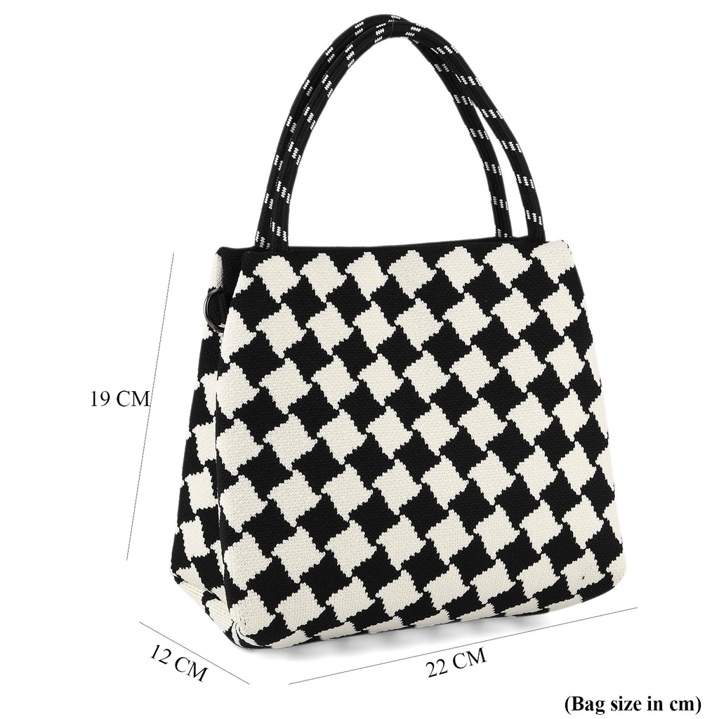 Checkerboard Pattern Handbag with Shoulder Strap (130cm) - Black & White_8415364_8