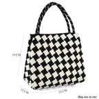 Checkerboard Pattern Handbag with Shoulder Strap (130cm) - Black & White_8415364_8