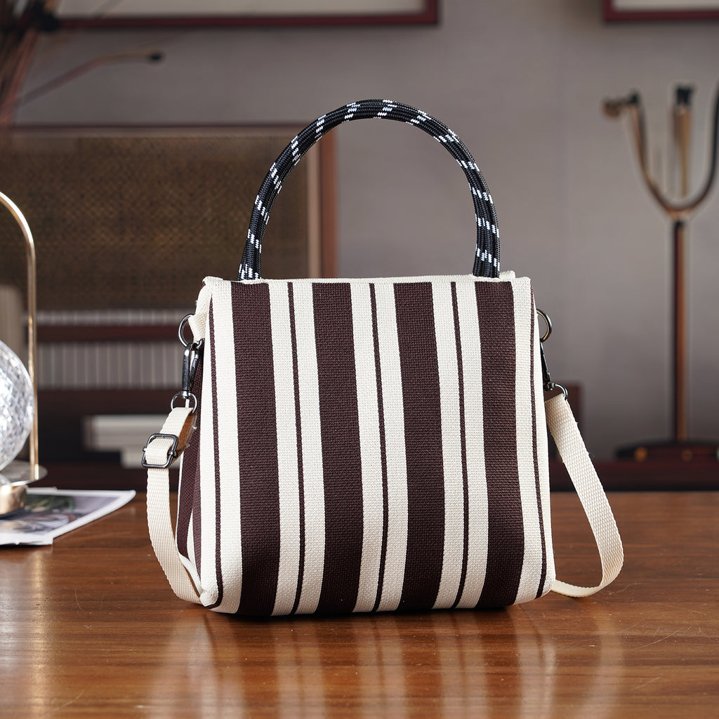 Striped Pattern Handbag with Shoulder Strap (130cm) - Coffee & White_8415365_1