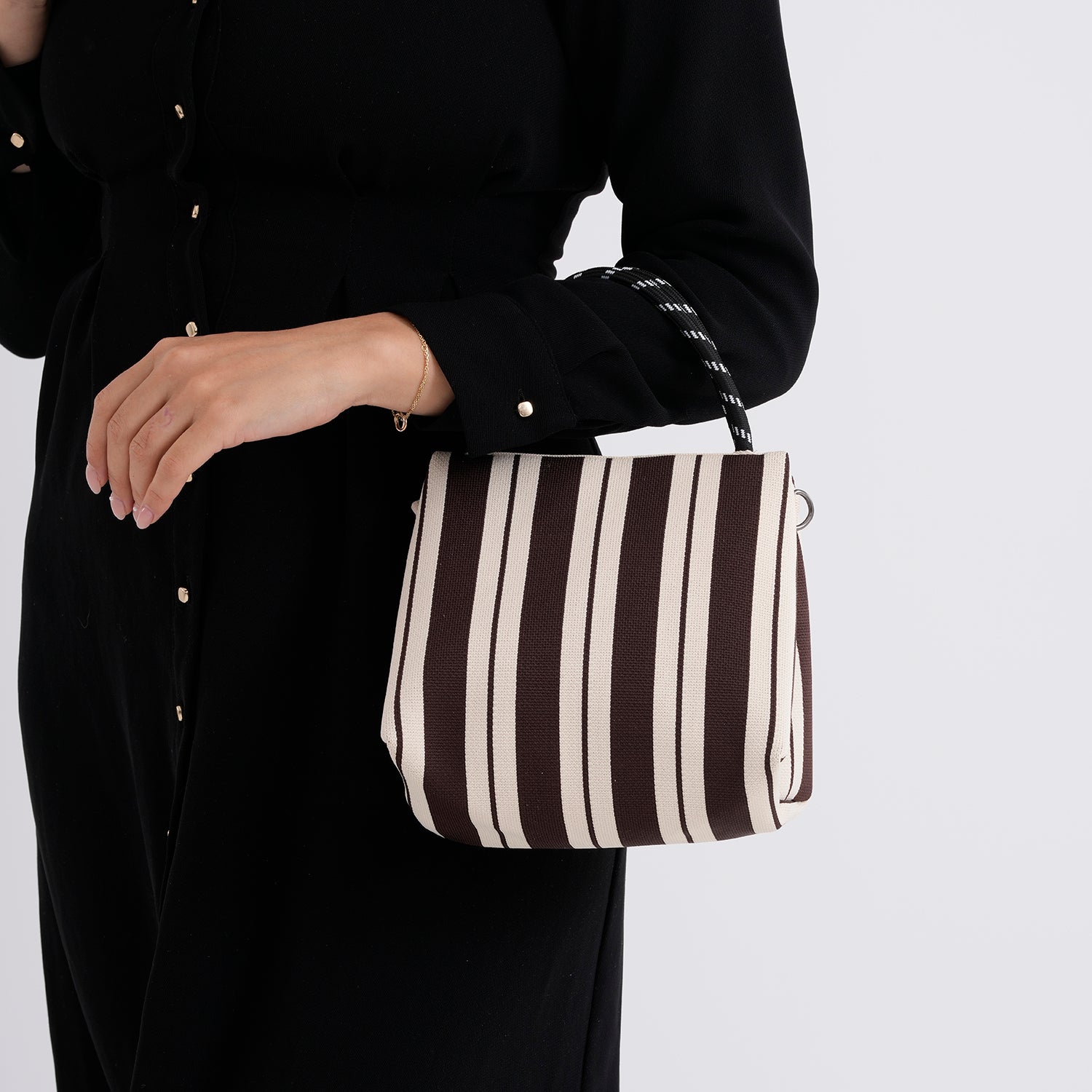 Striped Pattern Handbag with Shoulder Strap (130cm) - Coffee &amp; White 8415365 3