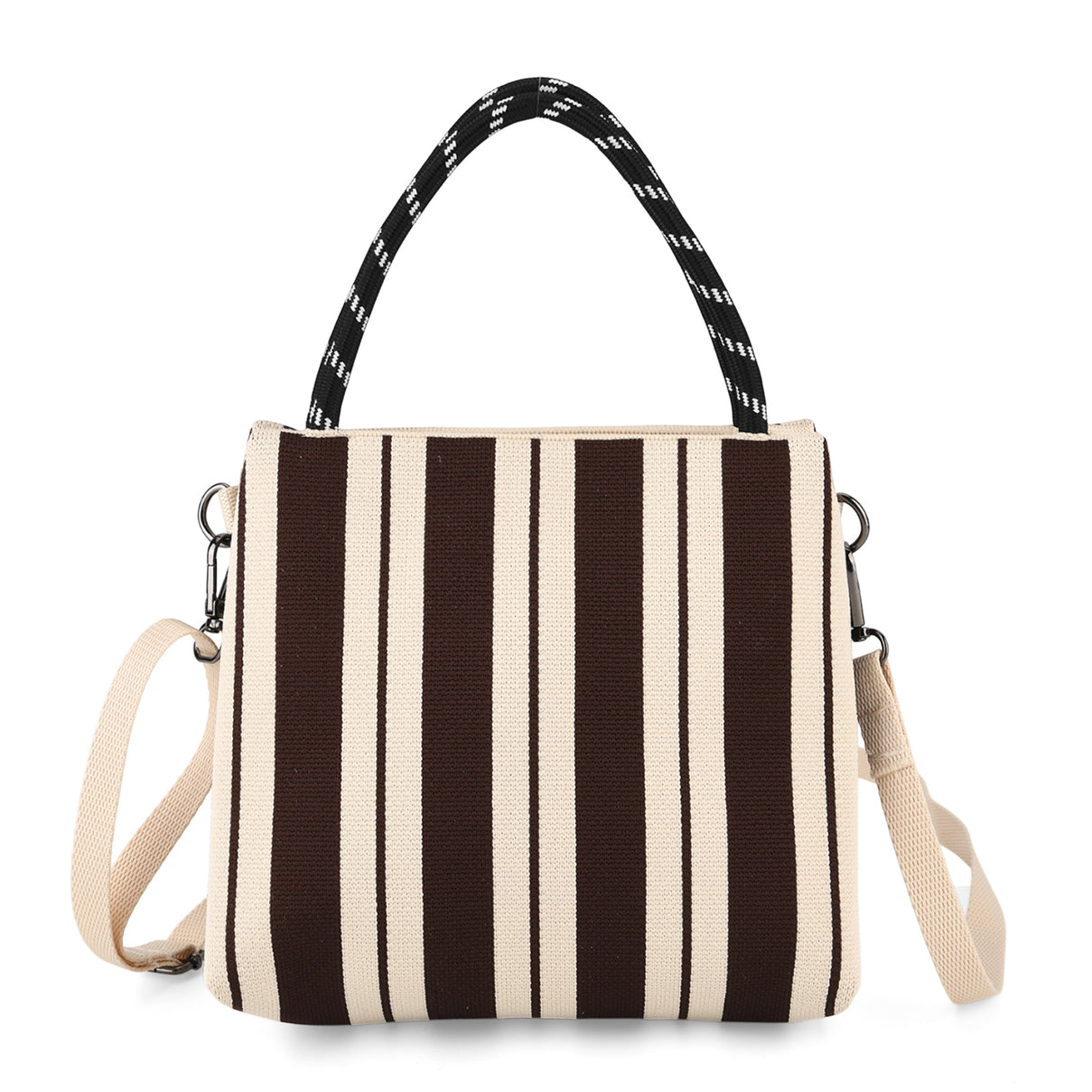 Striped Pattern Handbag with Shoulder Strap (130cm) - Coffee &amp; White 8415365 5