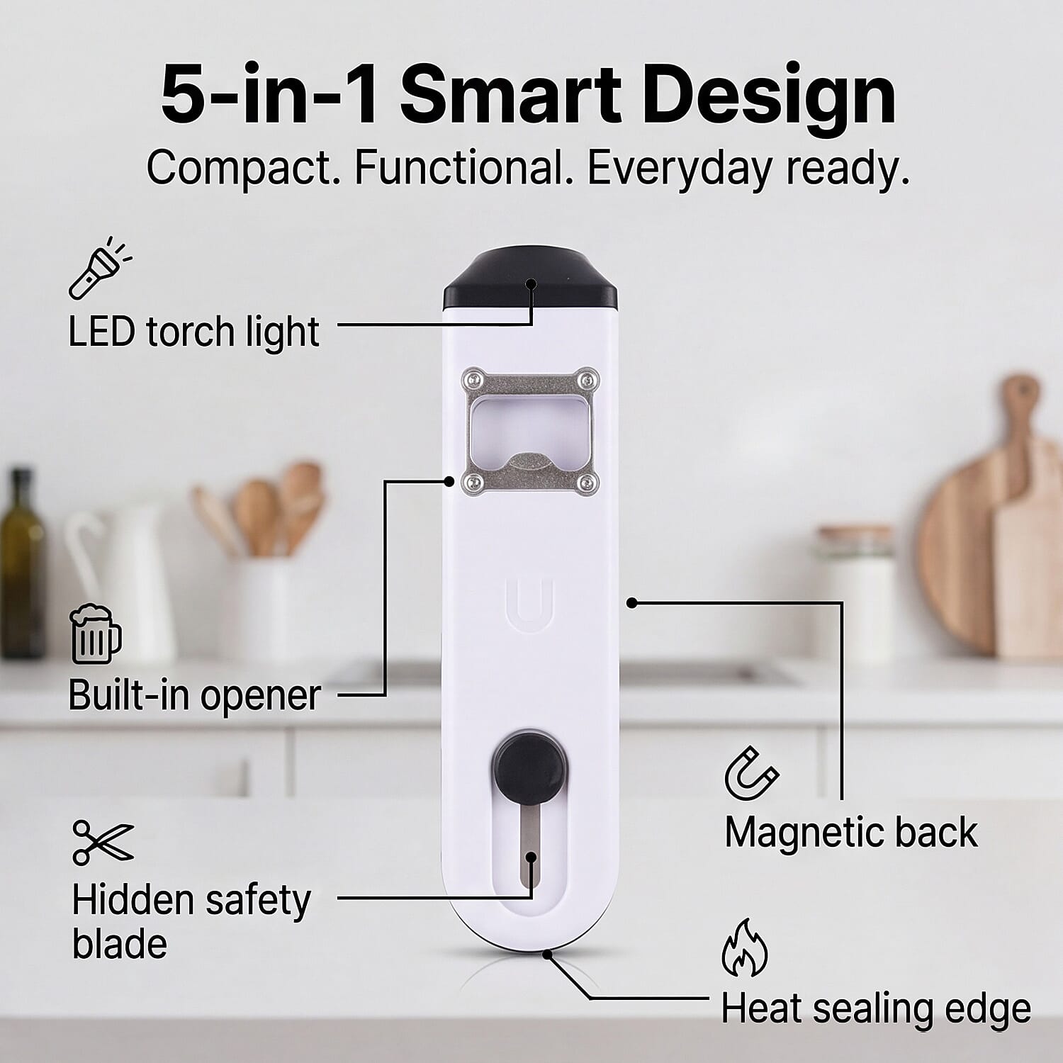Multifunctional Rechargeable Mini Bag Sealer - 5-in-1 Handheld Heat Sealer with Bottle Opener &amp; Blade - White &amp; Black 8415709 3
