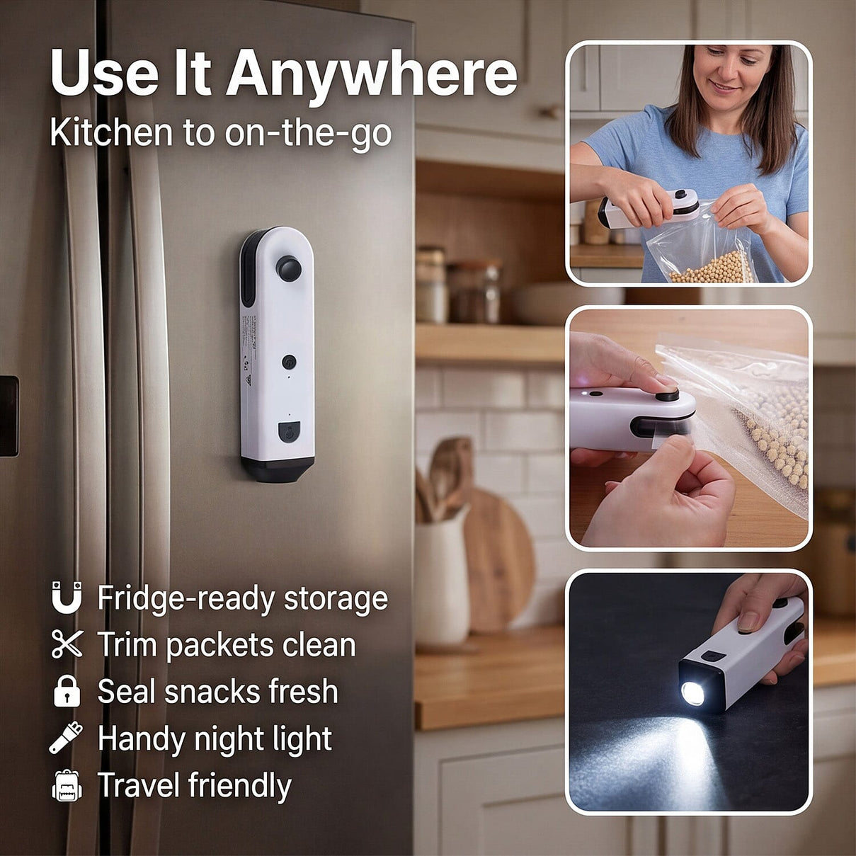 Multifunctional Rechargeable Mini Bag Sealer - 5-in-1 Handheld Heat Sealer with Bottle Opener &amp; Blade - White &amp; Black 8415709 5