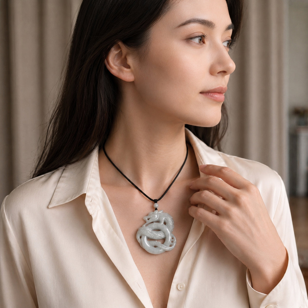 Natural White Jade Adjustable Dragon Carving Necklace with Cotton Thread (Size - 28) 165.00 Ct. V32516450 2