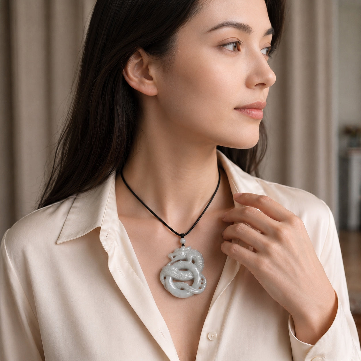 Natural White Jade Adjustable Dragon Carving Necklace with Cotton Thread (Size - 28) 165.00 Ct. V32516450 2