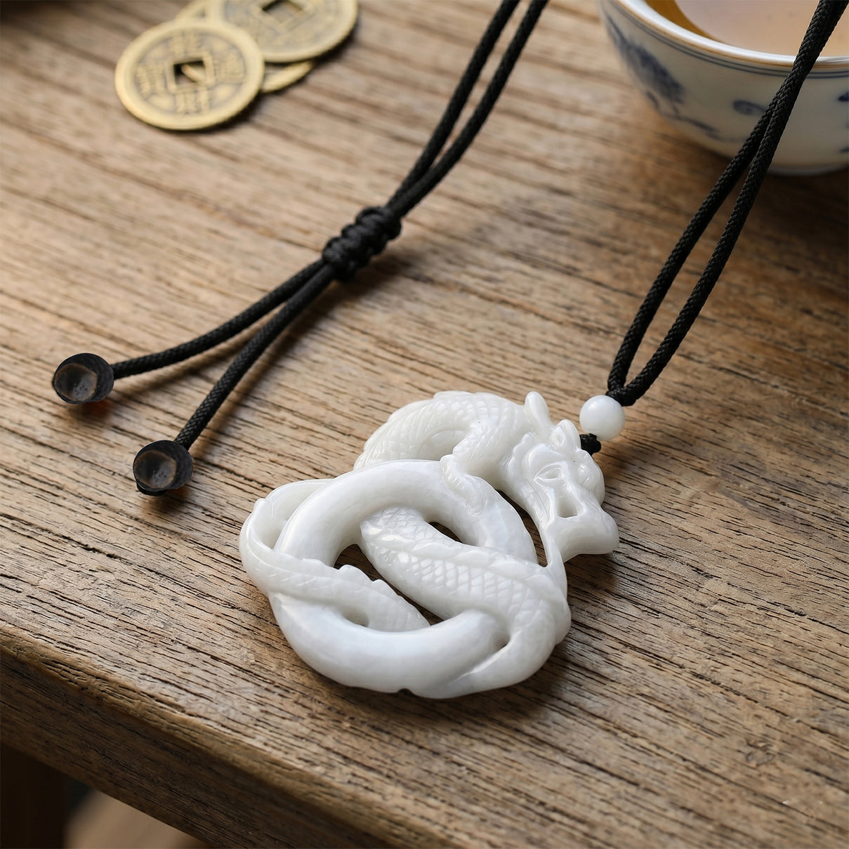 Natural White Jade Adjustable Dragon Carving Necklace with Cotton Thread (Size - 28) 165.00 Ct. V32516450 3