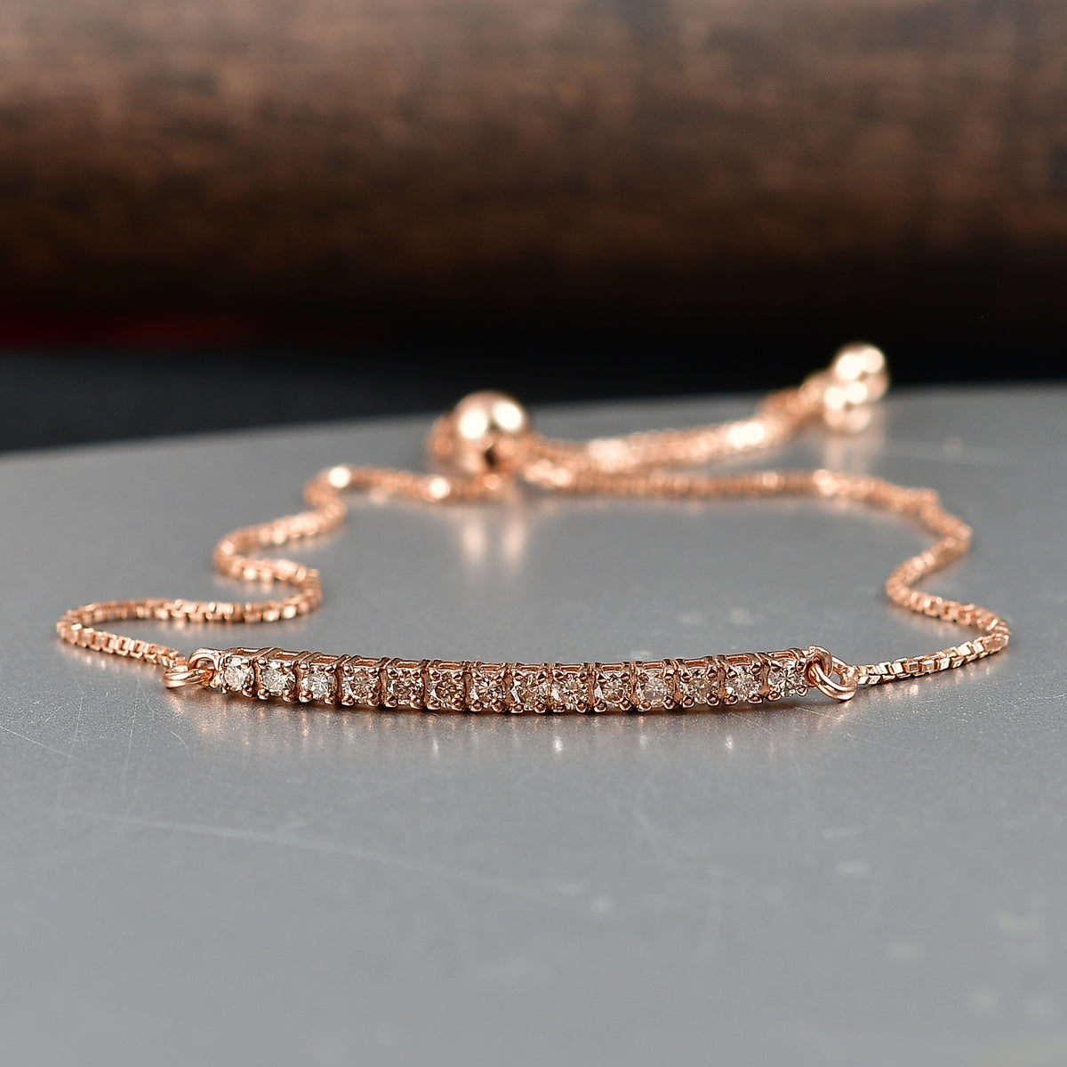 NY Close Out Deal - Natural Champagne Diamond Adjustable Bracelet (Size - 10) in 18K Vermeil Rose Gold Plated Sterling Silver 0.50 cts V32520544 2