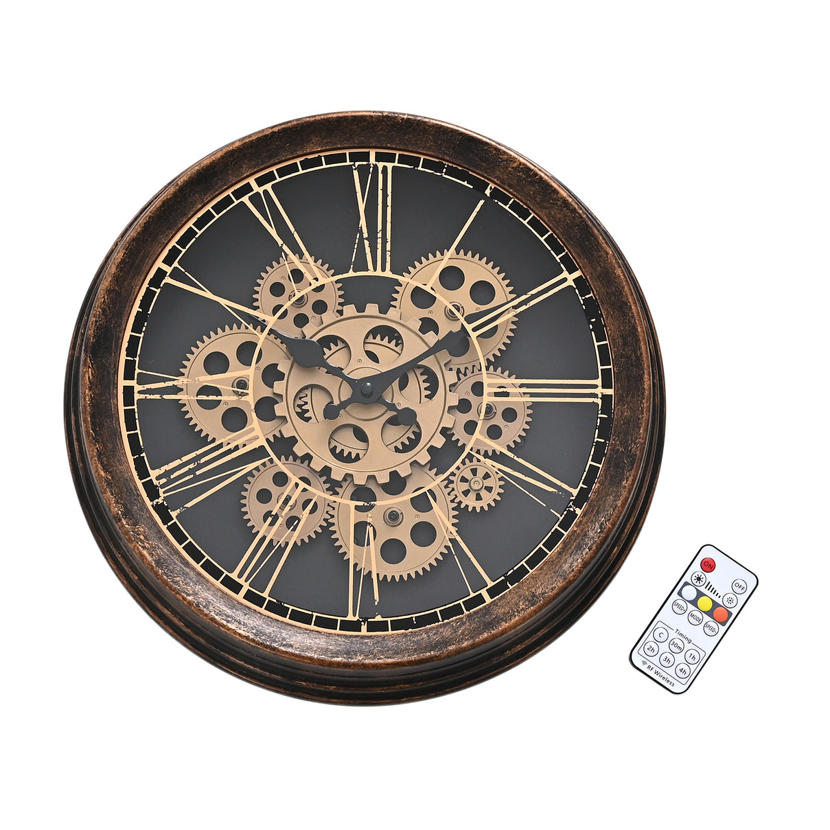 Rotating Gears Wall Clock - Industrial Roman Numeral Timepiece with 3-Colour LED Backlight, Remote Controlled Moving Gear Art - Brown &amp; Gold V32516168 0
