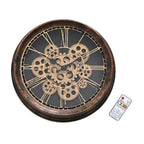 Rotating Gears Wall Clock - Industrial Roman Numeral Timepiece with 3-Colour LED Backlight, Remote Controlled Moving Gear Art - Brown & Gold_8416215
