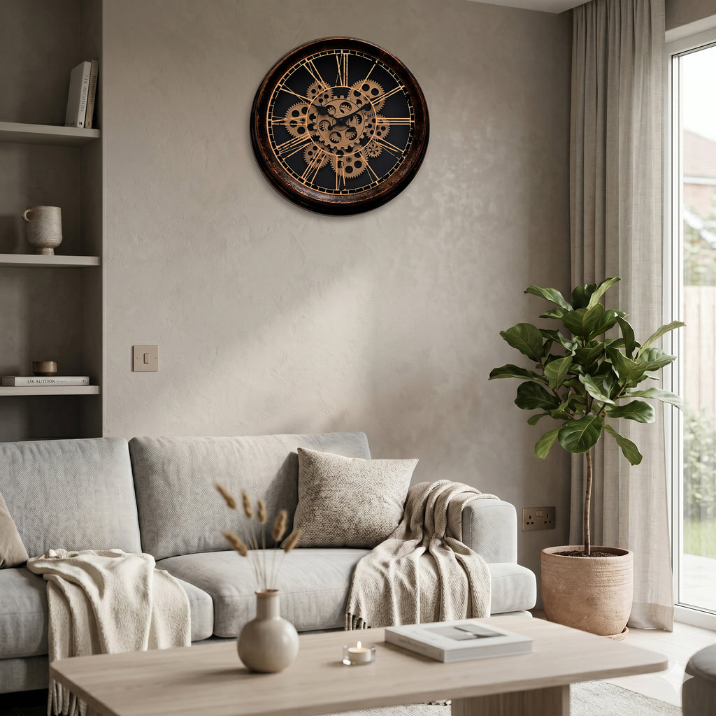 Rotating Gears Wall Clock - Industrial Roman Numeral Timepiece with 3-Colour LED Backlight, Remote Controlled Moving Gear Art - Brown & Gold_8416215_1