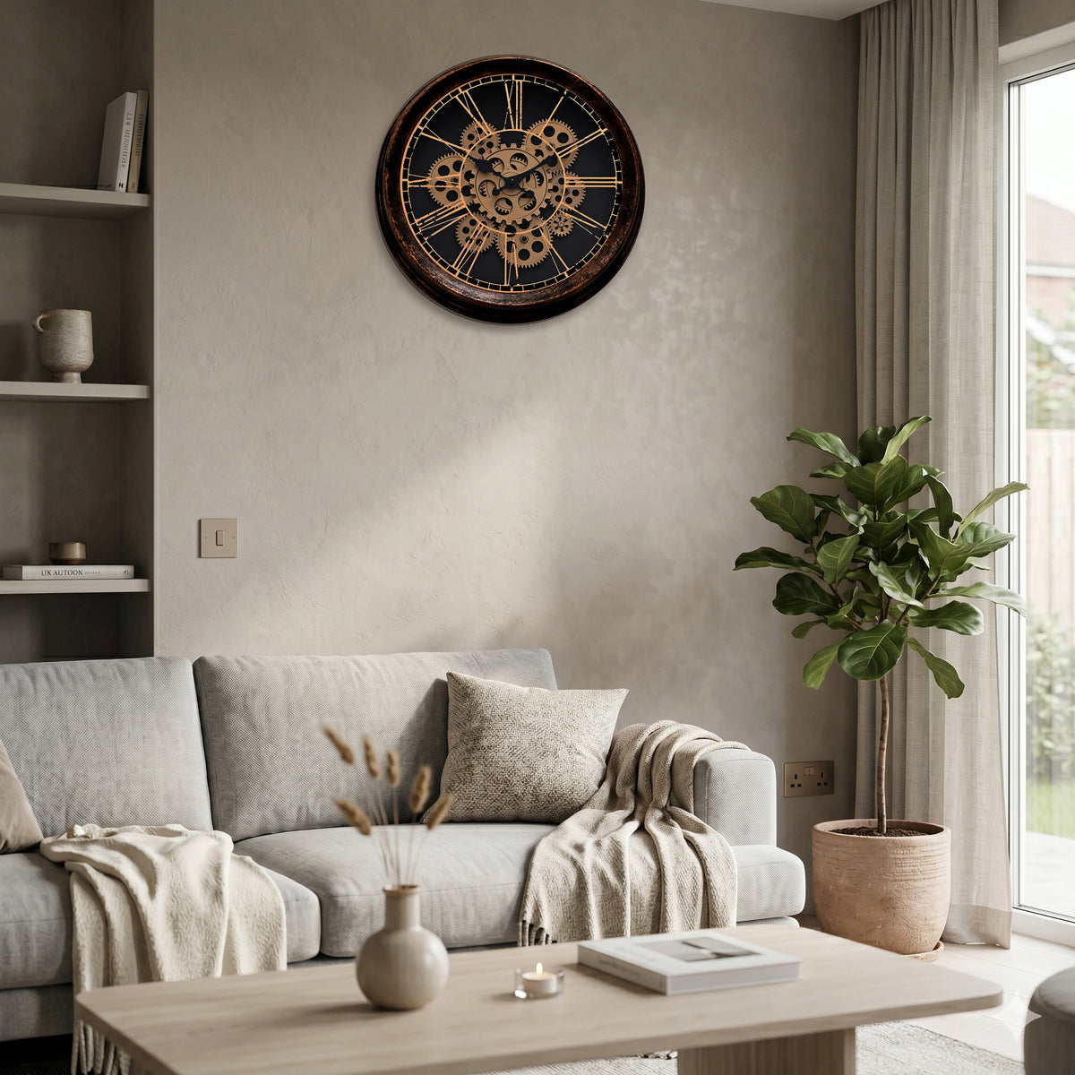 Rotating Gears Wall Clock - Industrial Roman Numeral Timepiece with 3-Colour LED Backlight, Remote Controlled Moving Gear Art - Brown &amp; Gold V32516168 2