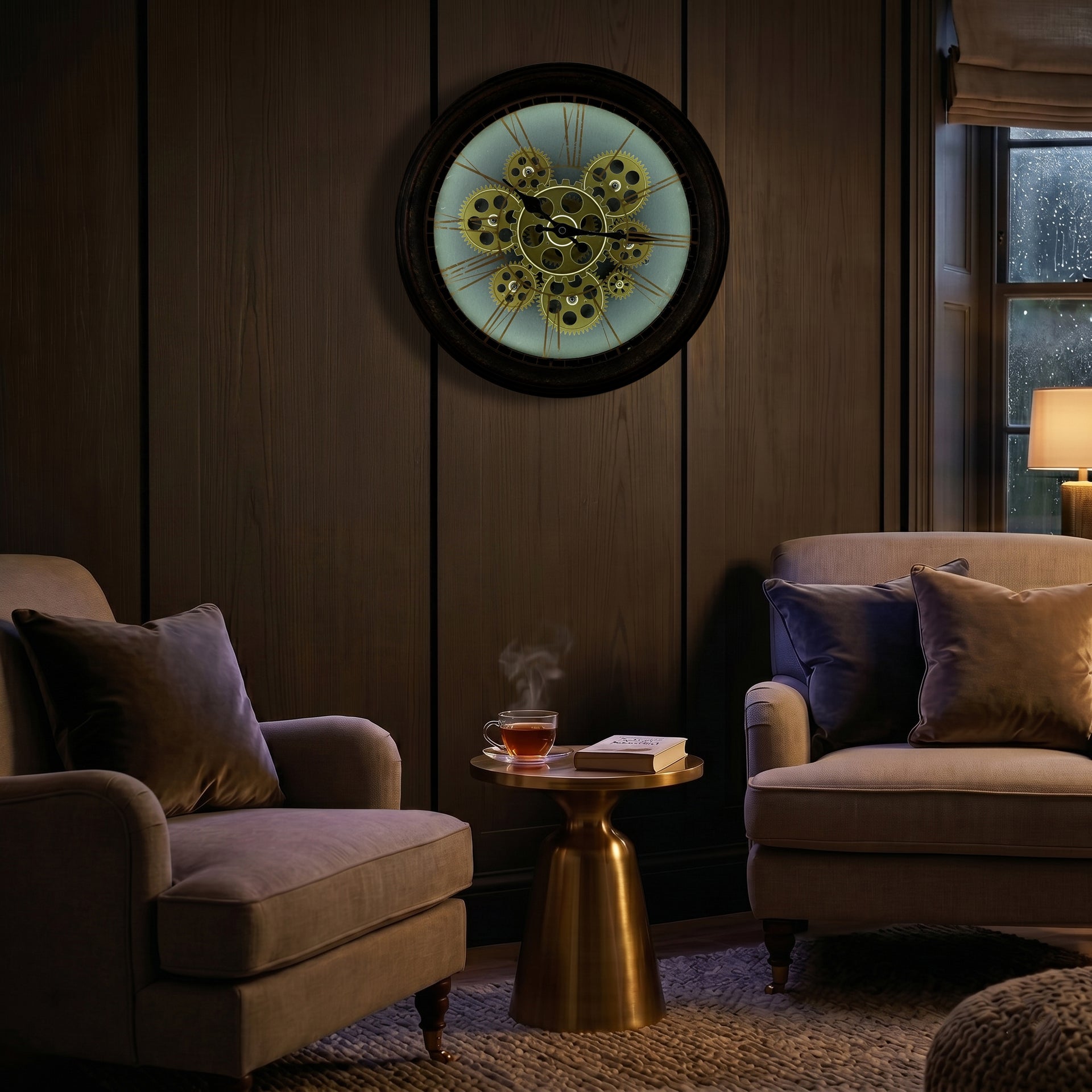 Rotating Gears Wall Clock - Industrial Roman Numeral Timepiece with 3-Colour LED Backlight, Remote Controlled Moving Gear Art - Brown &amp; Gold V32516168 3