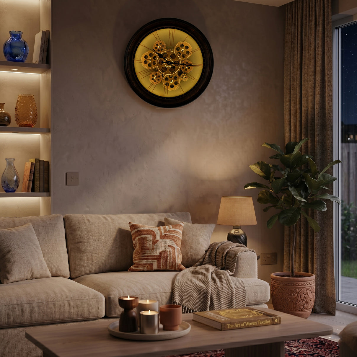 Rotating Gears Wall Clock - Industrial Roman Numeral Timepiece with 3-Colour LED Backlight, Remote Controlled Moving Gear Art - Brown &amp; Gold V32516168 5