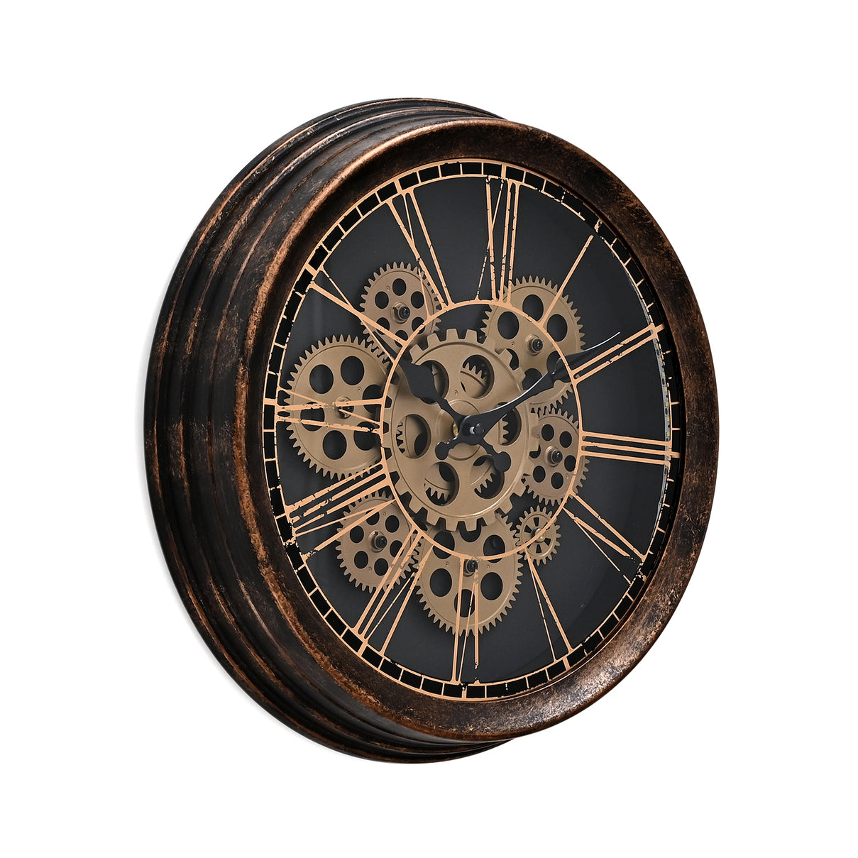 Rotating Gears Wall Clock - Industrial Roman Numeral Timepiece with 3-Colour LED Backlight, Remote Controlled Moving Gear Art - Brown &amp; Gold V32516168 6