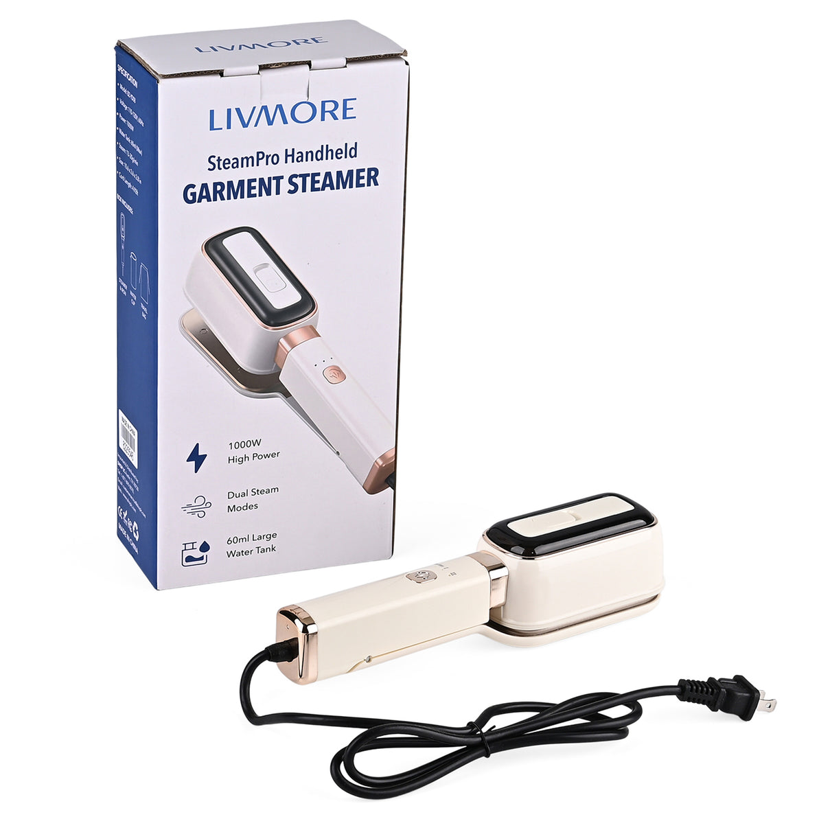 LIVMORE Handheld Garment Steamer (1000W) - 180Degree Rotatable Panel for Vertical &amp; Flat Ironing - 60ML Transparent Water Tank - Beige 8416286 0