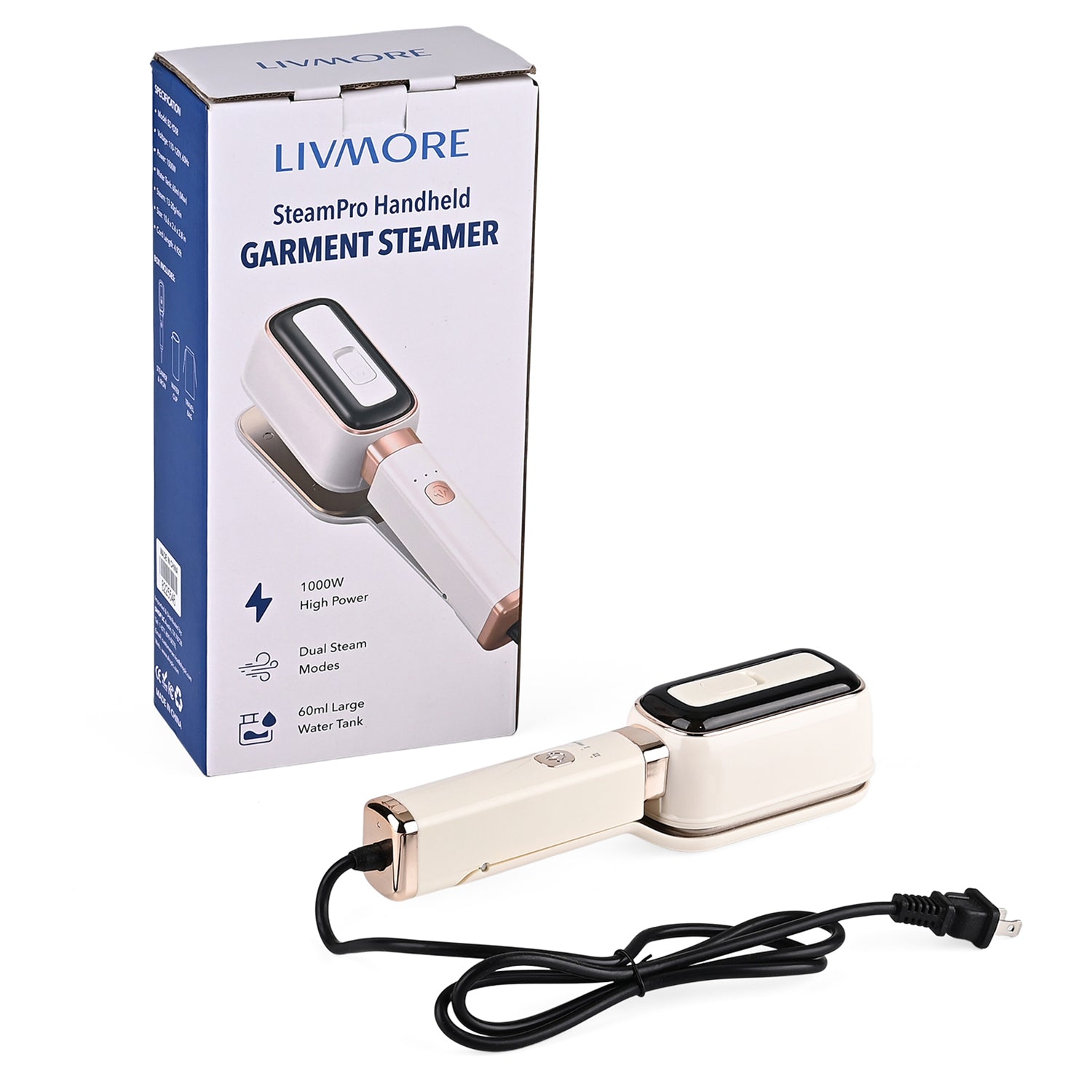 LIVMORE Handheld Garment Steamer (1000W) - 180Degree Rotatable Panel for Vertical &amp; Flat Ironing - 60ML Transparent Water Tank - Beige 8416286 0