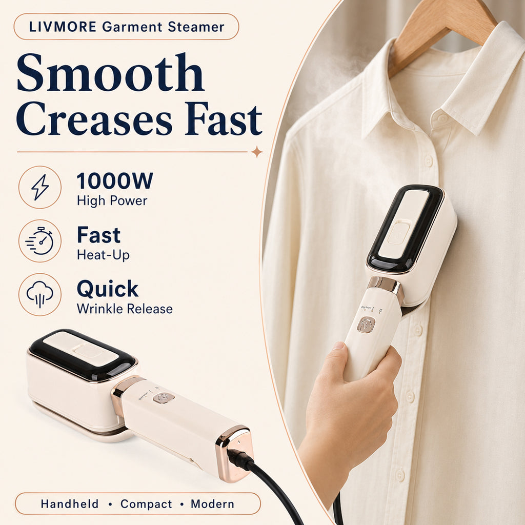 LIVMORE Handheld Garment Steamer (1000W) - 180Degree Rotatable Panel for Vertical & Flat Ironing - 60ML Transparent Water Tank - Beige_8416286_2