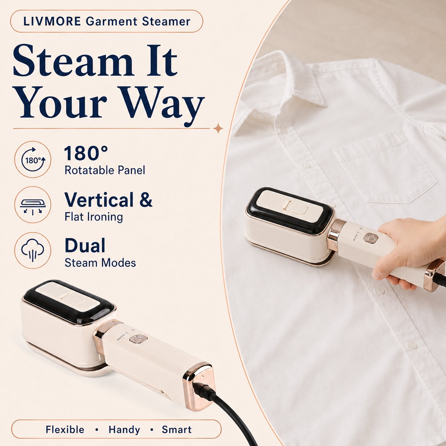 LIVMORE Handheld Garment Steamer (1000W) - 180Degree Rotatable Panel for Vertical &amp; Flat Ironing - 60ML Transparent Water Tank - Beige 8416286 4