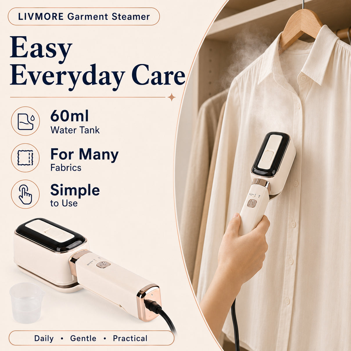 LIVMORE Handheld Garment Steamer (1000W) - 180Degree Rotatable Panel for Vertical &amp; Flat Ironing - 60ML Transparent Water Tank - Beige 8416286 5