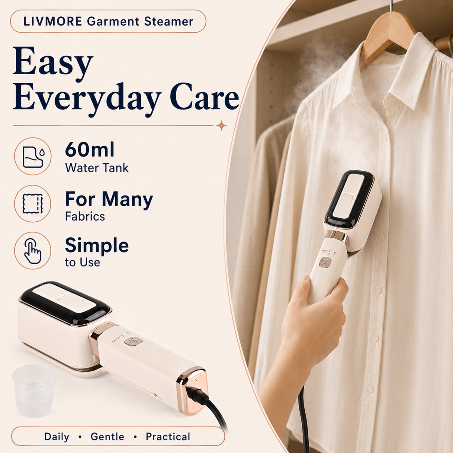 LIVMORE Handheld Garment Steamer (1000W) - 180Degree Rotatable Panel for Vertical &amp; Flat Ironing - 60ML Transparent Water Tank - Beige 8416286 5