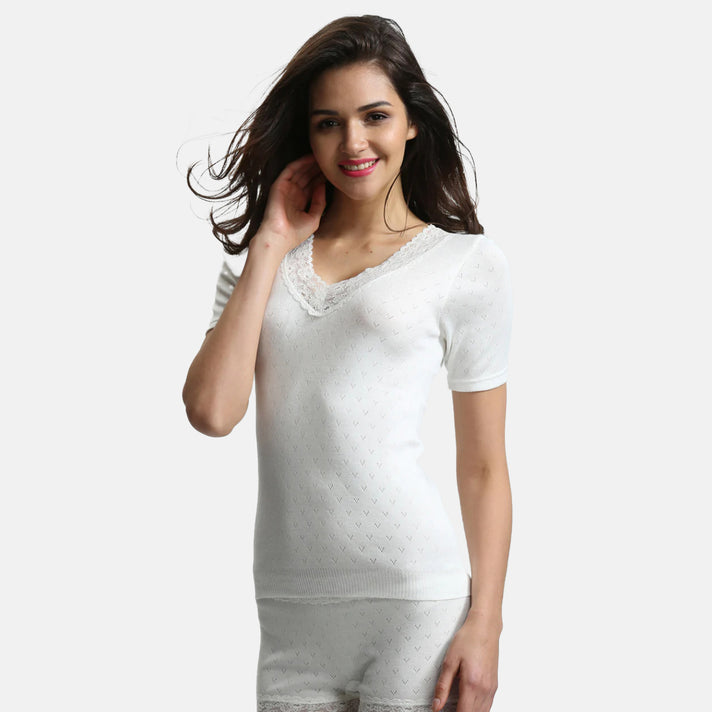 Palm Underwear British Made Supersoft Classic Lace Trim Short Sleeve Thermal Top (Size - L) - Ivory 8416318 2