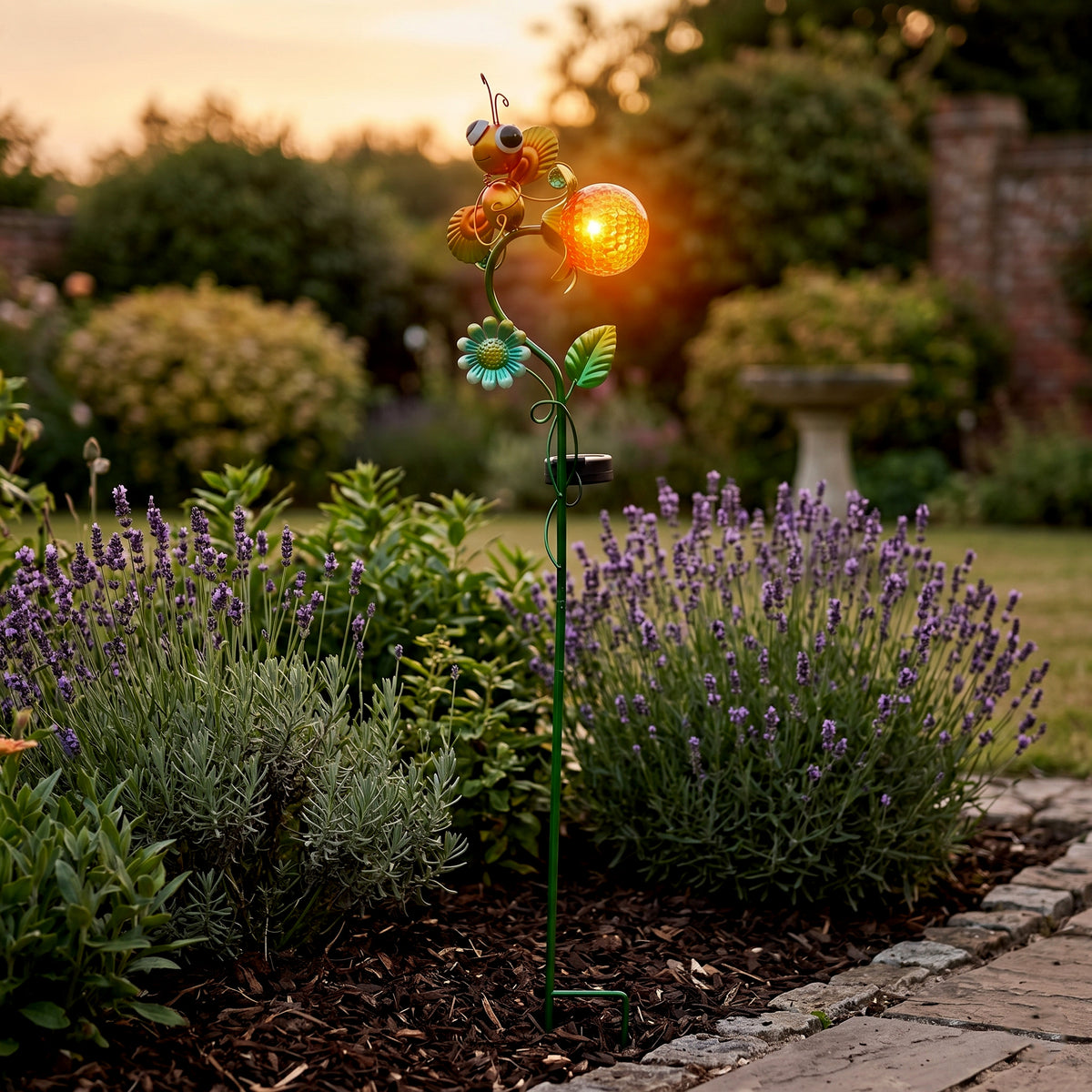 Decorative Solar-Powered Landscape Ground Stake Lamp - Artistic Whimsical Yellow Animal with Botanical Leaves &amp; Flowers - Yellow V32513460 1