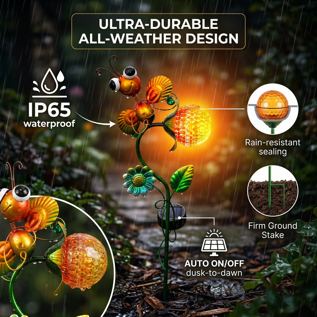 Decorative Solar-Powered Landscape Ground Stake Lamp - Artistic Whimsical Yellow Animal with Botanical Leaves & Flowers - Yellow_8416510_2
