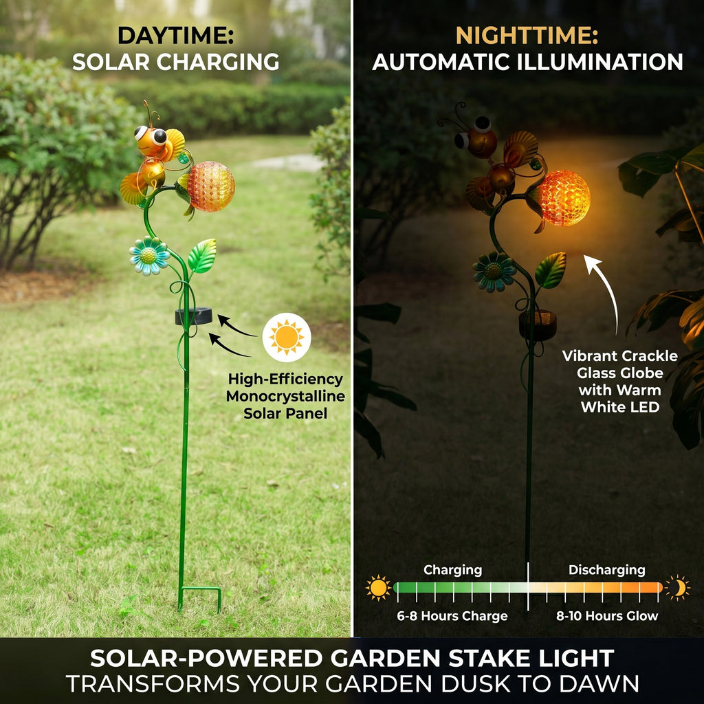 Decorative Solar-Powered Landscape Ground Stake Lamp - Artistic Whimsical Yellow Animal with Botanical Leaves & Flowers - Yellow_8416510_3