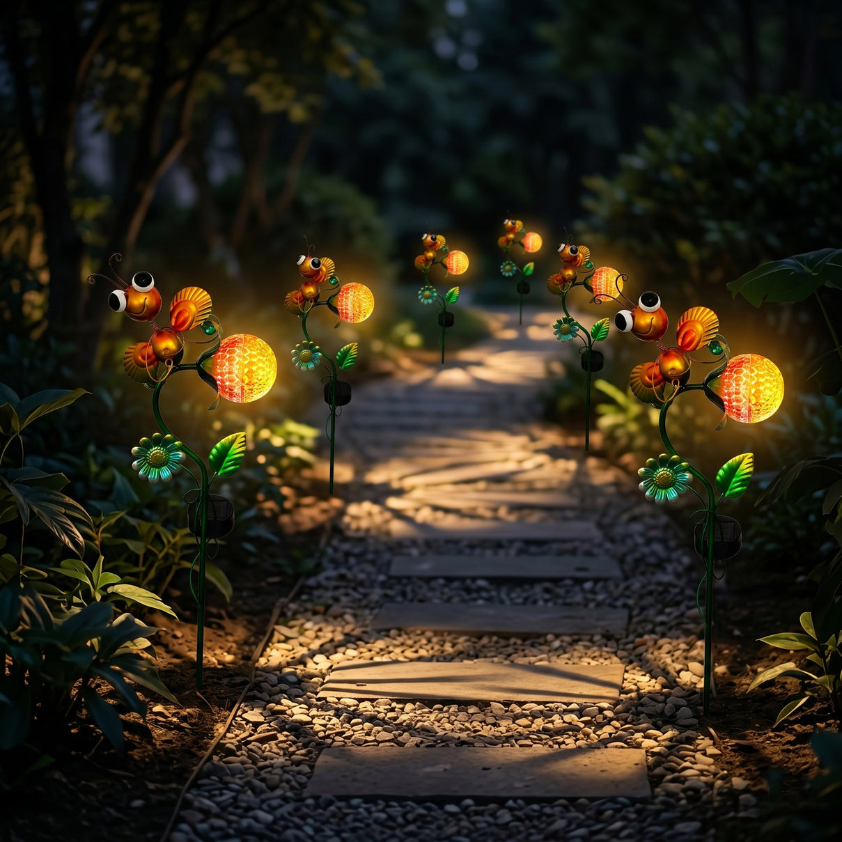 Decorative Solar-Powered Landscape Ground Stake Lamp - Artistic Whimsical Yellow Animal with Botanical Leaves &amp; Flowers - Yellow V32513460 4