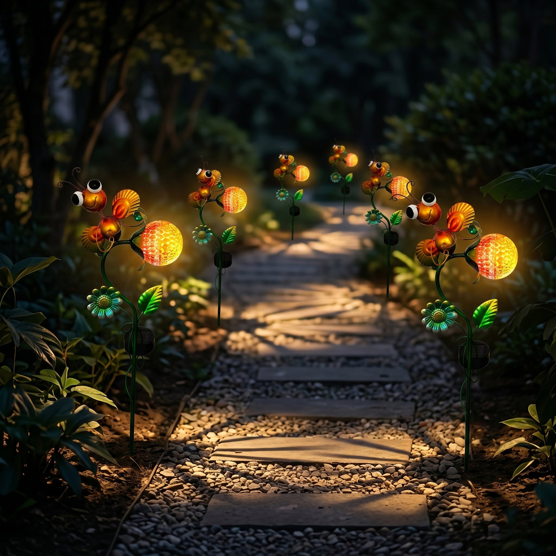 Decorative Solar-Powered Landscape Ground Stake Lamp - Artistic Whimsical Yellow Animal with Botanical Leaves &amp; Flowers - Yellow V32513460 4