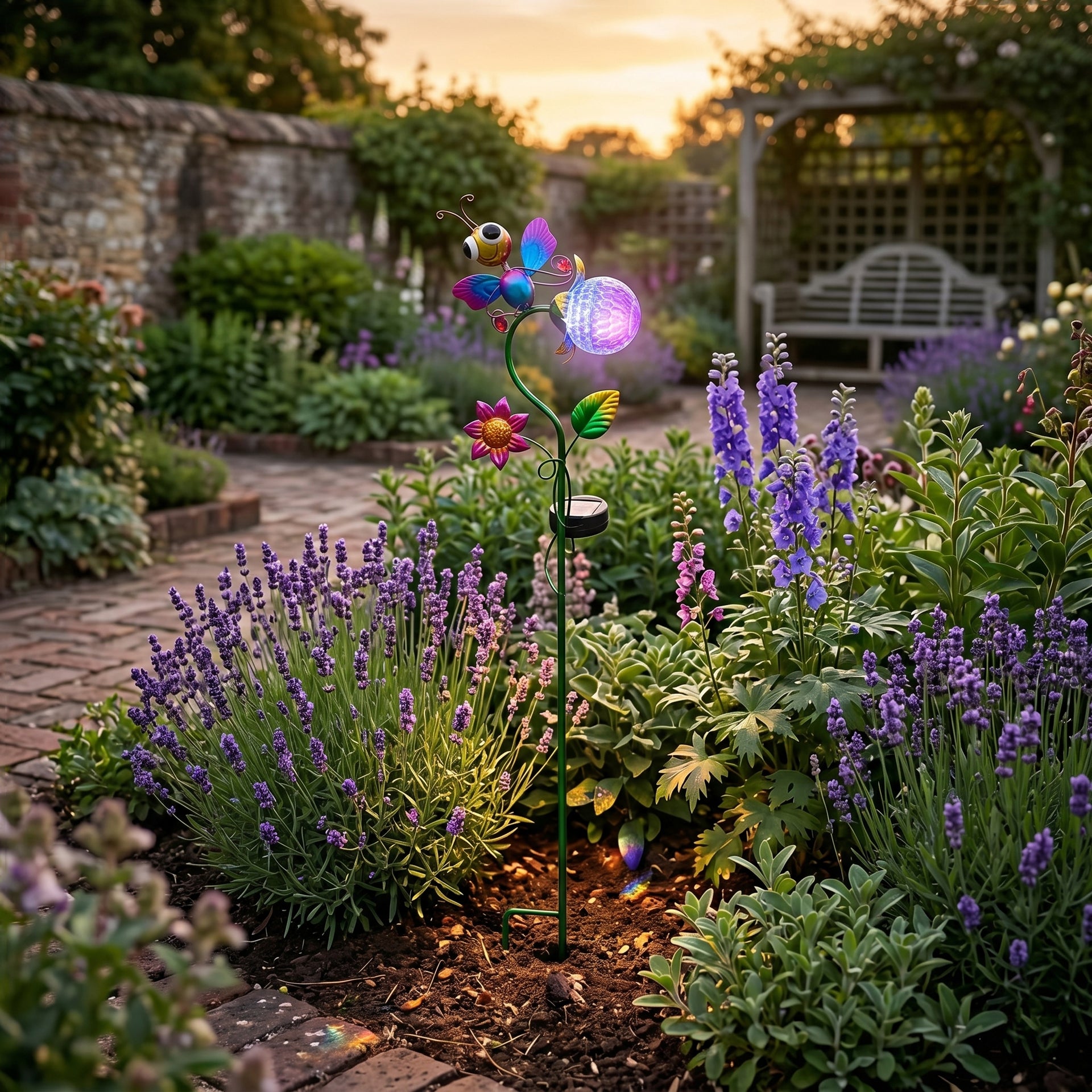 Decorative Solar-Powered Landscape Ground Stake Lamp - Artistic Whimsical Animal with Botanical Leaves &amp; Flowers - Purple V32527089 1