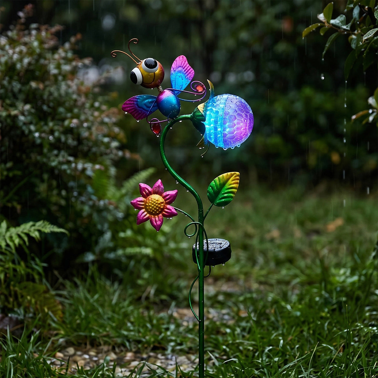 Decorative Solar-Powered Landscape Ground Stake Lamp - Artistic Whimsical Animal with Botanical Leaves &amp; Flowers - Purple V32527089 2