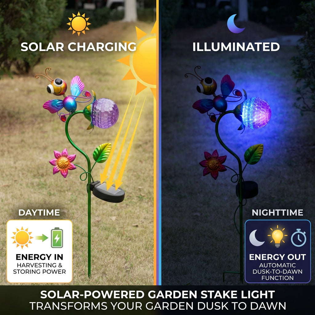 Decorative Solar-Powered Landscape Ground Stake Lamp - Artistic Whimsical Animal with Botanical Leaves & Flowers - Purple_8416511_3