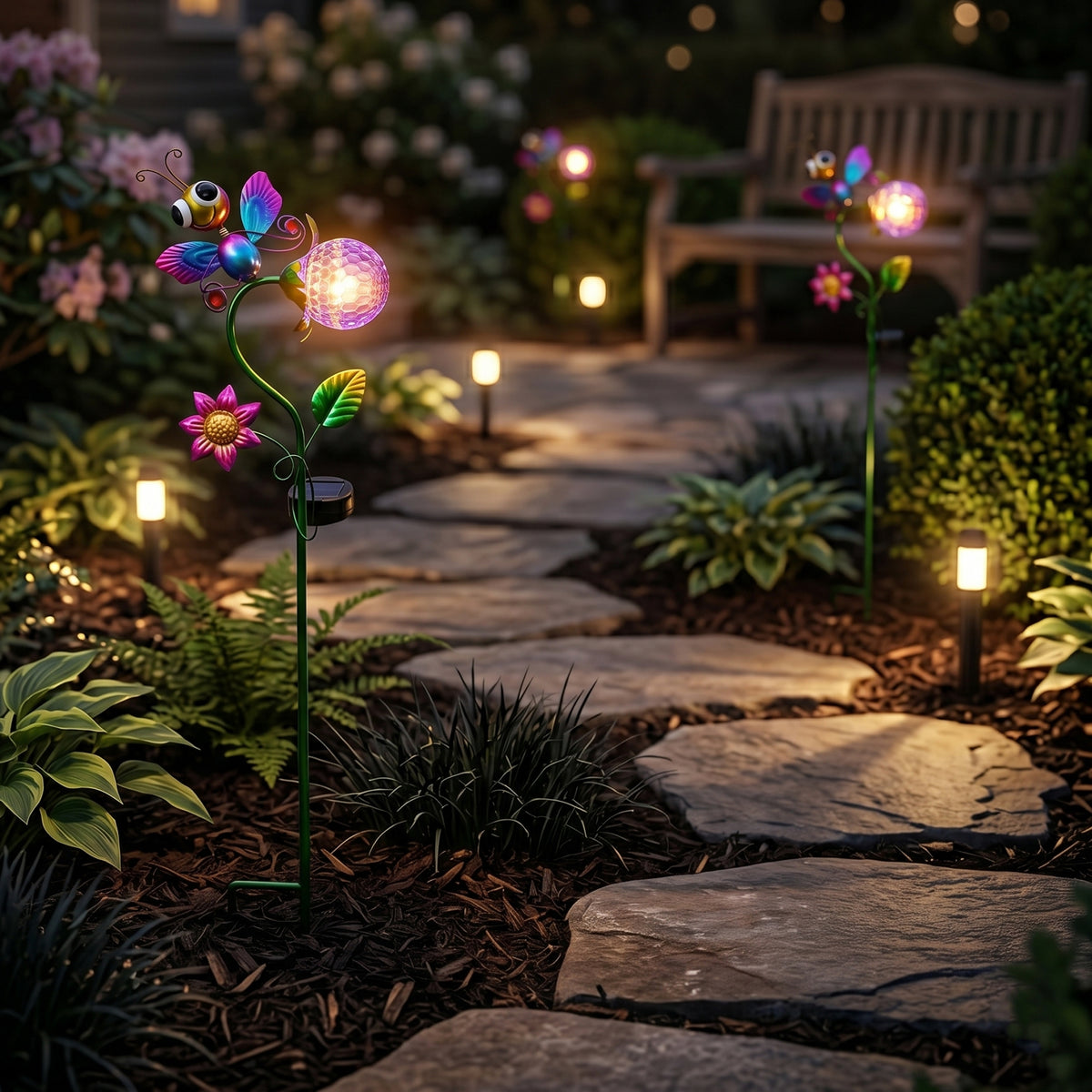 Decorative Solar-Powered Landscape Ground Stake Lamp - Artistic Whimsical Animal with Botanical Leaves &amp; Flowers - Purple V32527089 4