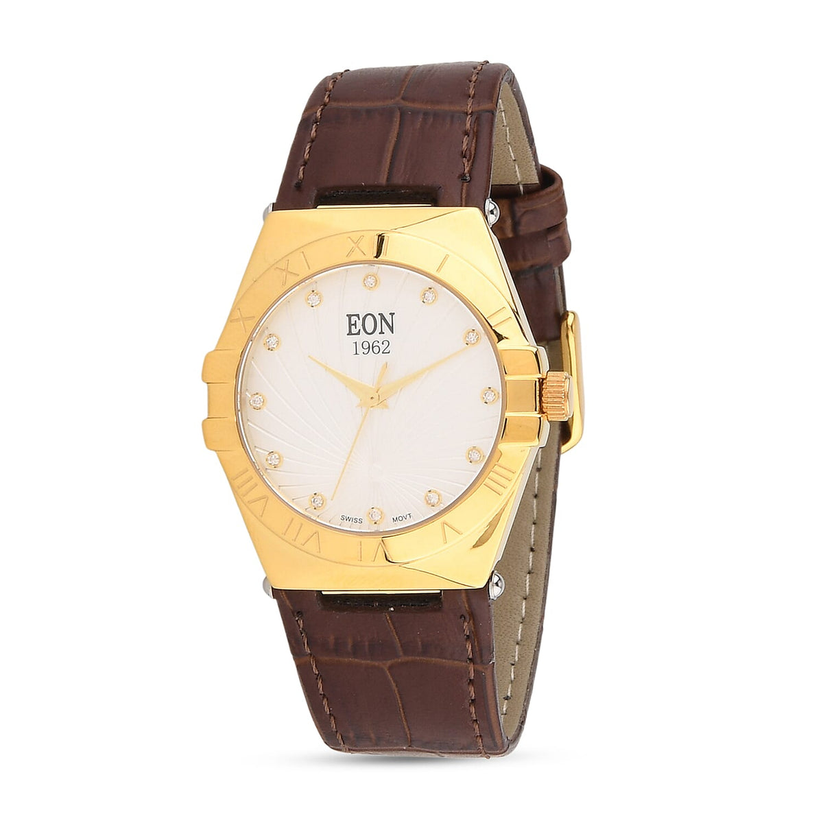 EON 1962 Ronda 763 Limited Edition Swiss Movement 12 Lab Grown Diamond ( VVS- E-F) Watch with 5ATM Water Resistance Leather Strap-Brown 8416962 0